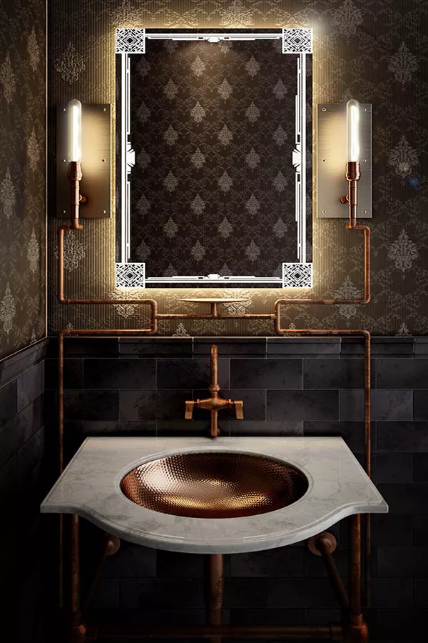 A steampunk washroom with an exclusive backlit mirror mounted on a stylish wall.