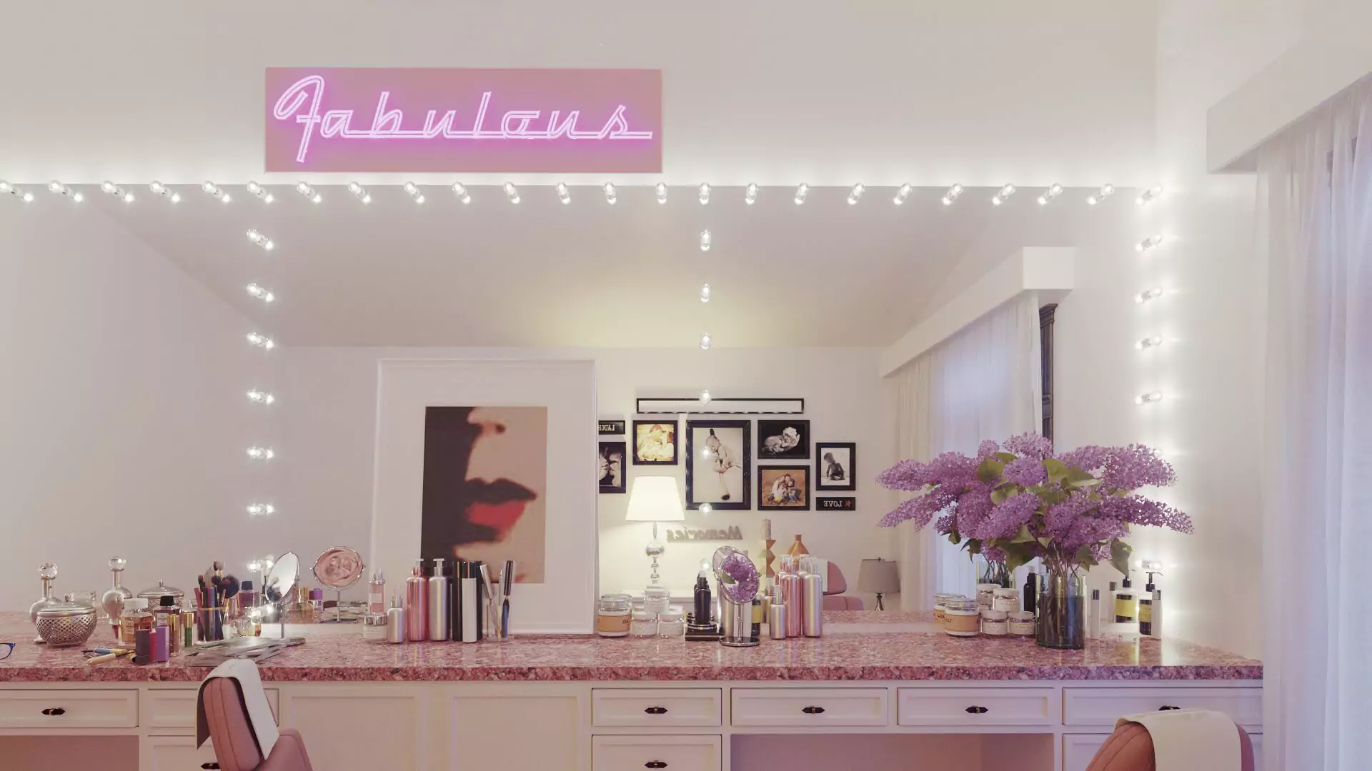 A fabulous beauty salon with a lighted mirror and make up accessories.