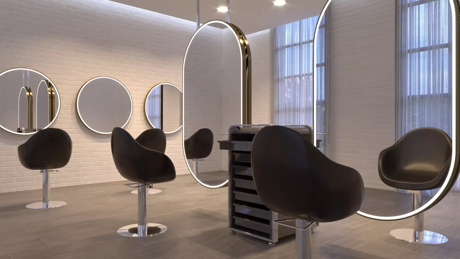 Light-framed ceiling and wall-mounted oval and circle mirrors with seats and a salon trolley cart.