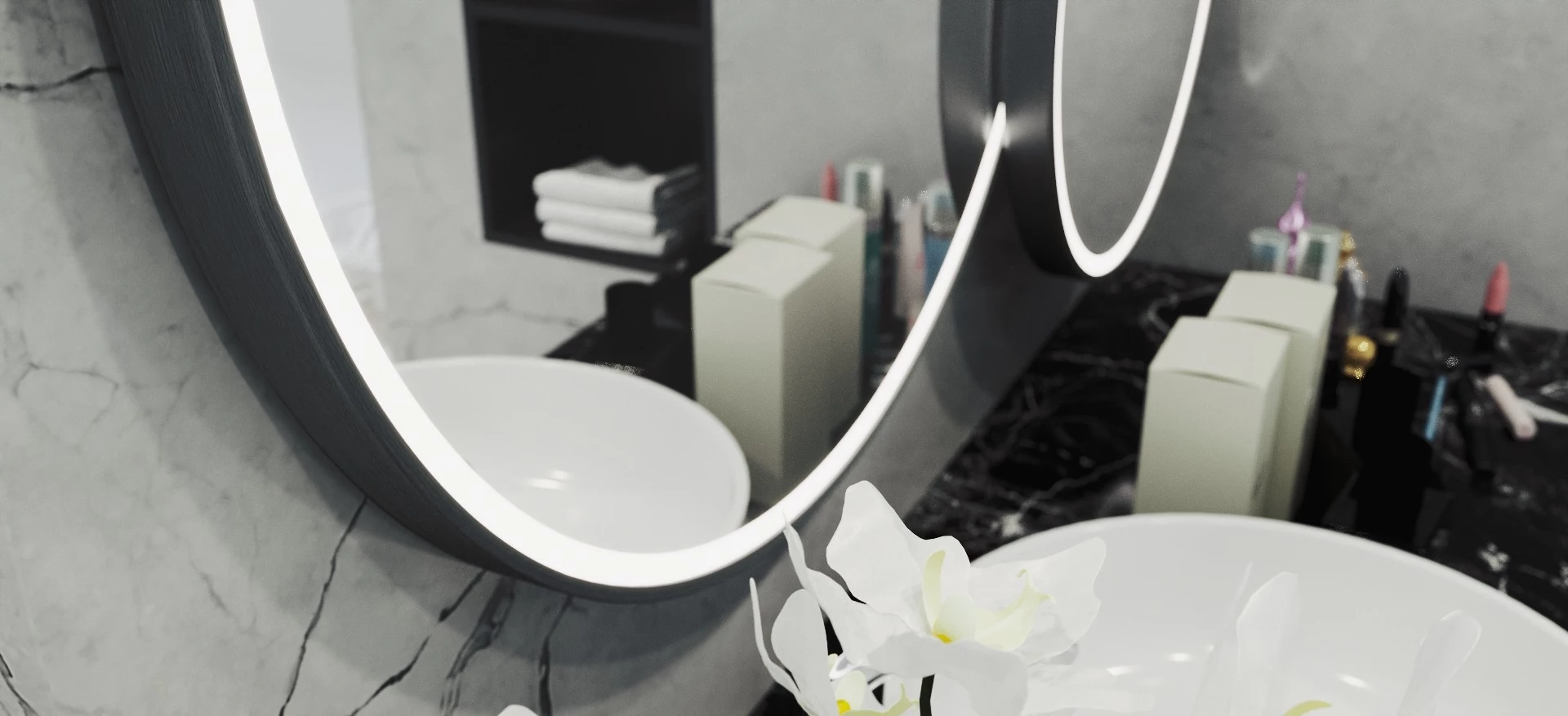 Aluminum-framed lighted mirror with a white orchid flower and a white basin.