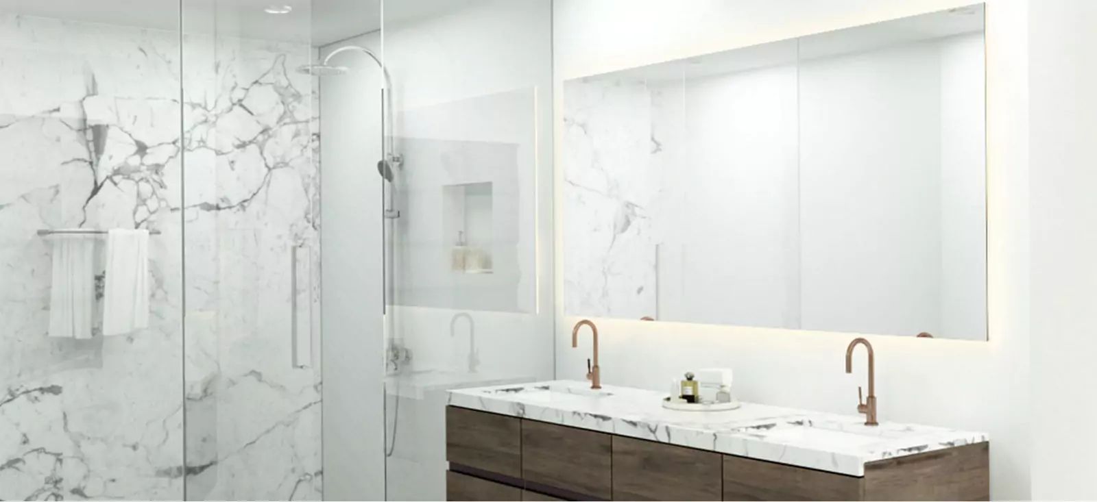 Frameless backlit mirror mounted in a white wall of a bathroom above the modern double sink.