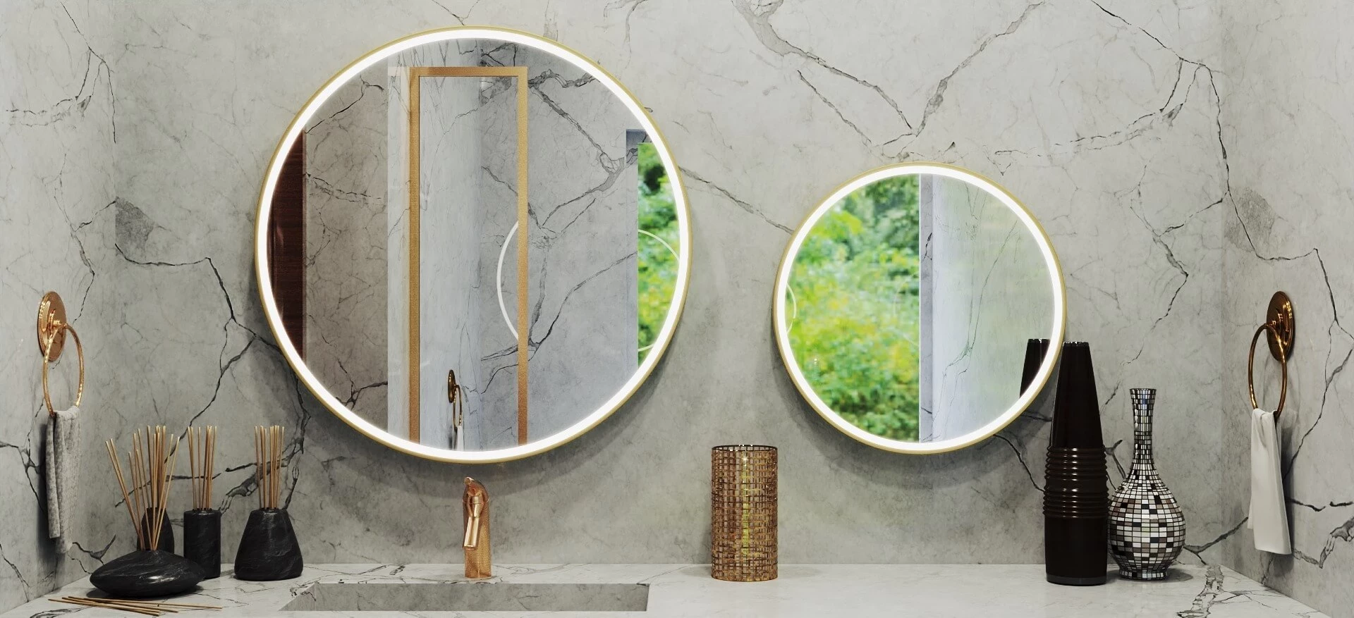 Elegant marble walls, two circular lighted mirrors with bathroom accessories, and a single sink.