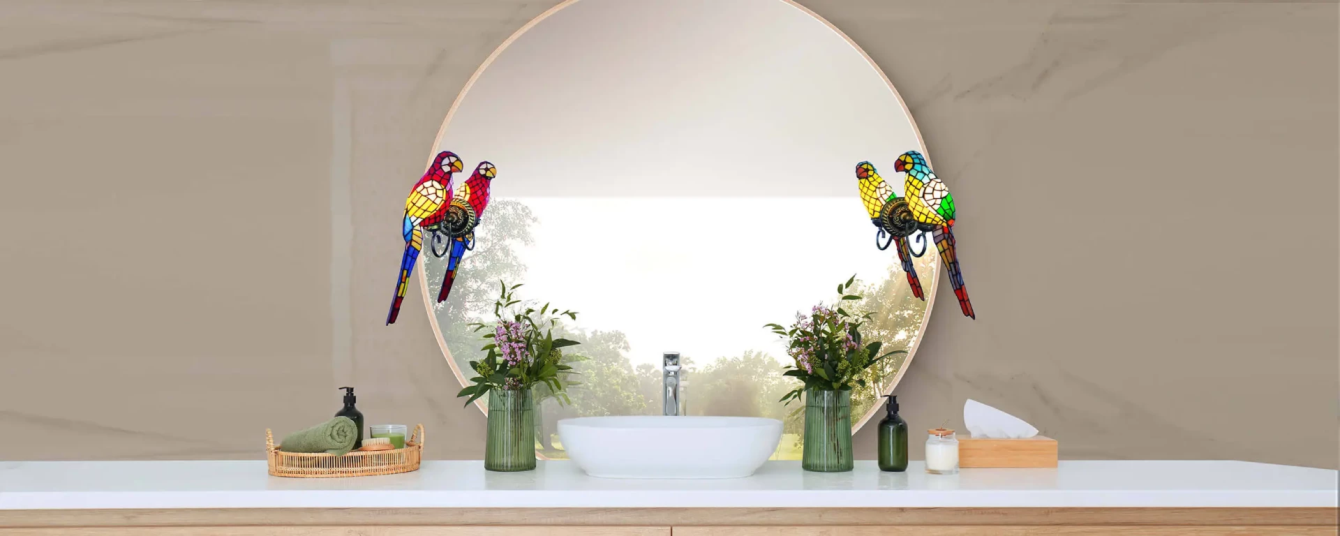 Circular mirrors with a decorative Terzo lamp and rattan basket on the side of a white basin.