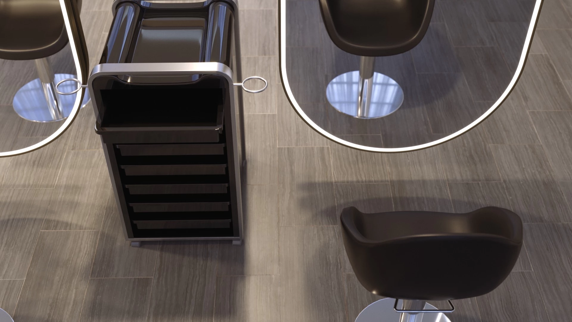 A black salon trolley cart with a black chair and light-framed oval-shaped mirrors.