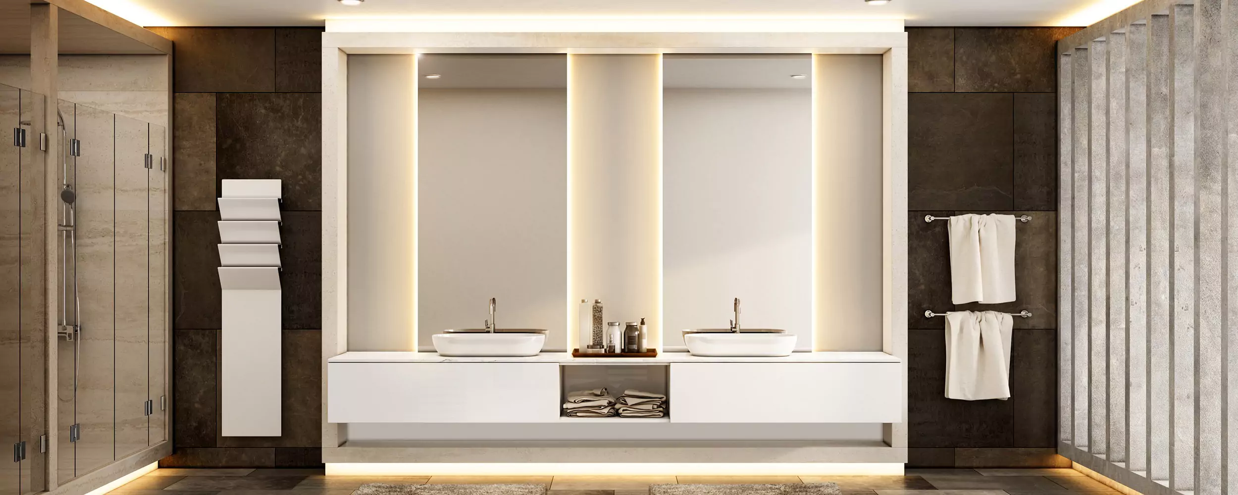 Two back-lighted mirrors are installed on the luxurious wall of a restroom.