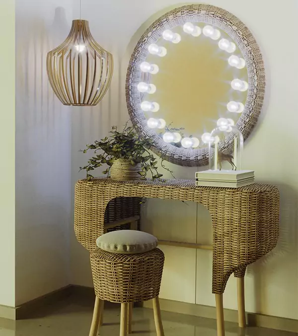 Hollywood mirror with a rattan-made vanity set and elipsa wooden pendant lamp.